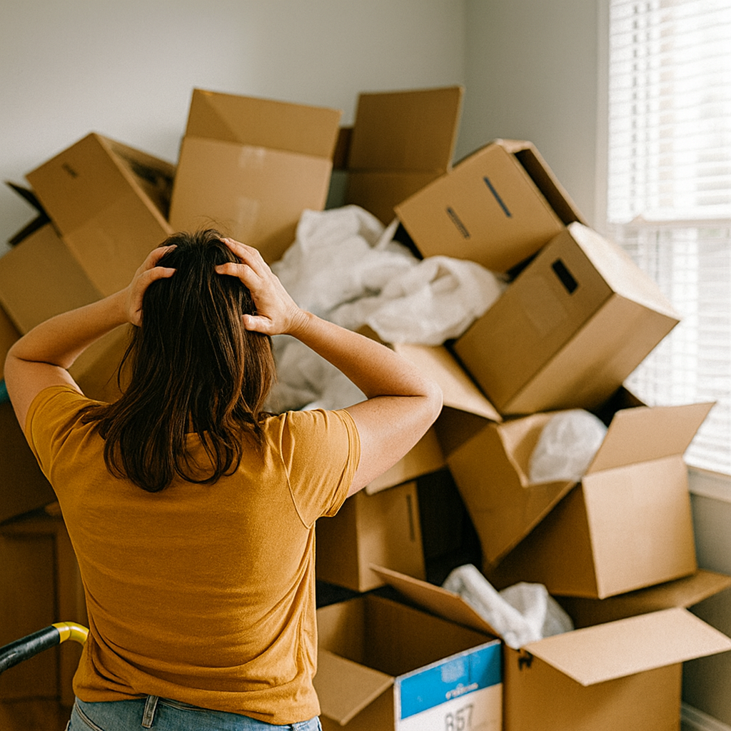 Broken cardboard boxes showing why reusable moving totes are stronger